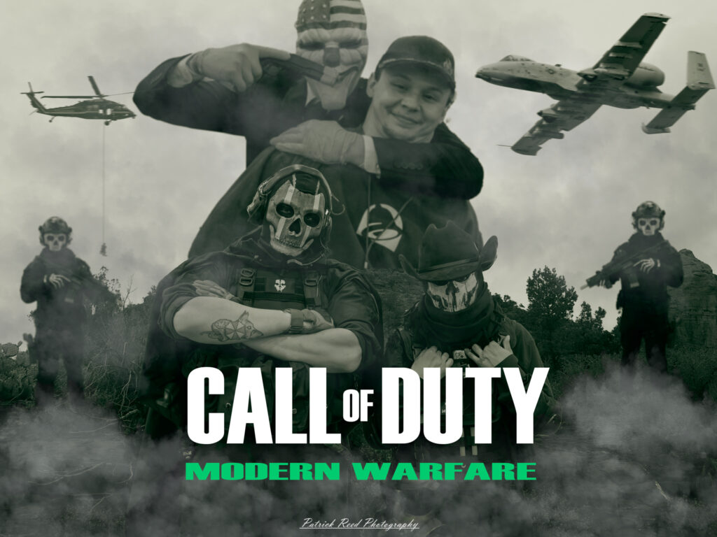 "Two cosplayers posed as soldiers on the cover of a Call of Duty video game, dressed in tactical military gear with detailed vests, helmets, and weapons, standing in a dynamic and action-ready stance against a gritty, battlefield-inspired backdrop."